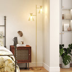 Lampadaire sur pied salon à double tête réglable, lampe sur pied, abat-jour en verre floral, 42 x 25 x 165 cm, doré