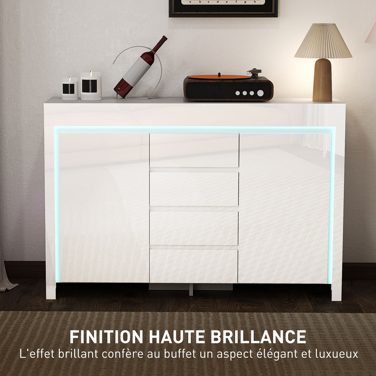 Buffet salon, meuble de rangement avec éclairage LED 4 tiroirs portes à fermeture douce 120 x 34 x 80 cm, blanc brillant