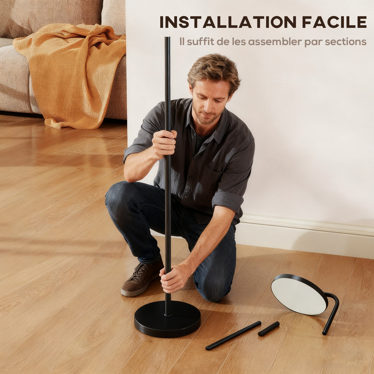 Lampadaire LED, lampe sur pied à intensité variable, tête rotative 350 °, télécommande magnétique, 41x25x177cm, noir