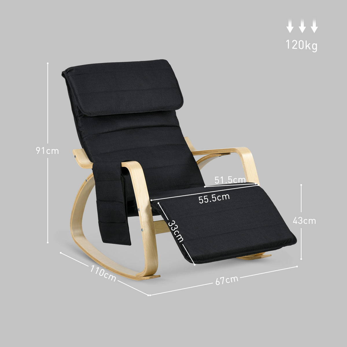 Fauteuil relax à bascule fauteuil allaitement avec repose-pieds réglable, poche latérale et appui-tête, noir