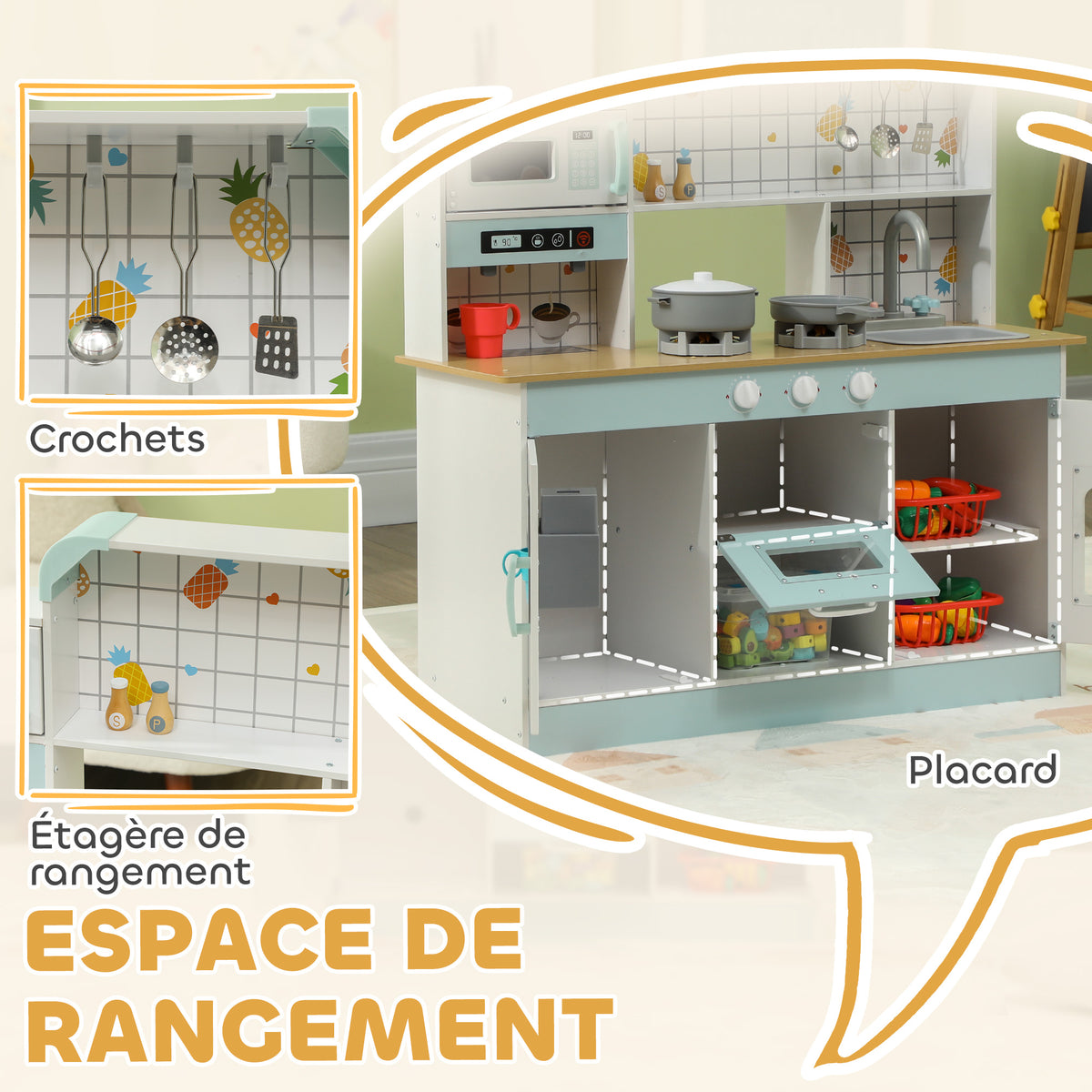 Cuisine enfant jouet d'imitation, dinette enfant avec lumières et sons réalistes, 88,6 x 31,7 x 90,4 cm, blanc