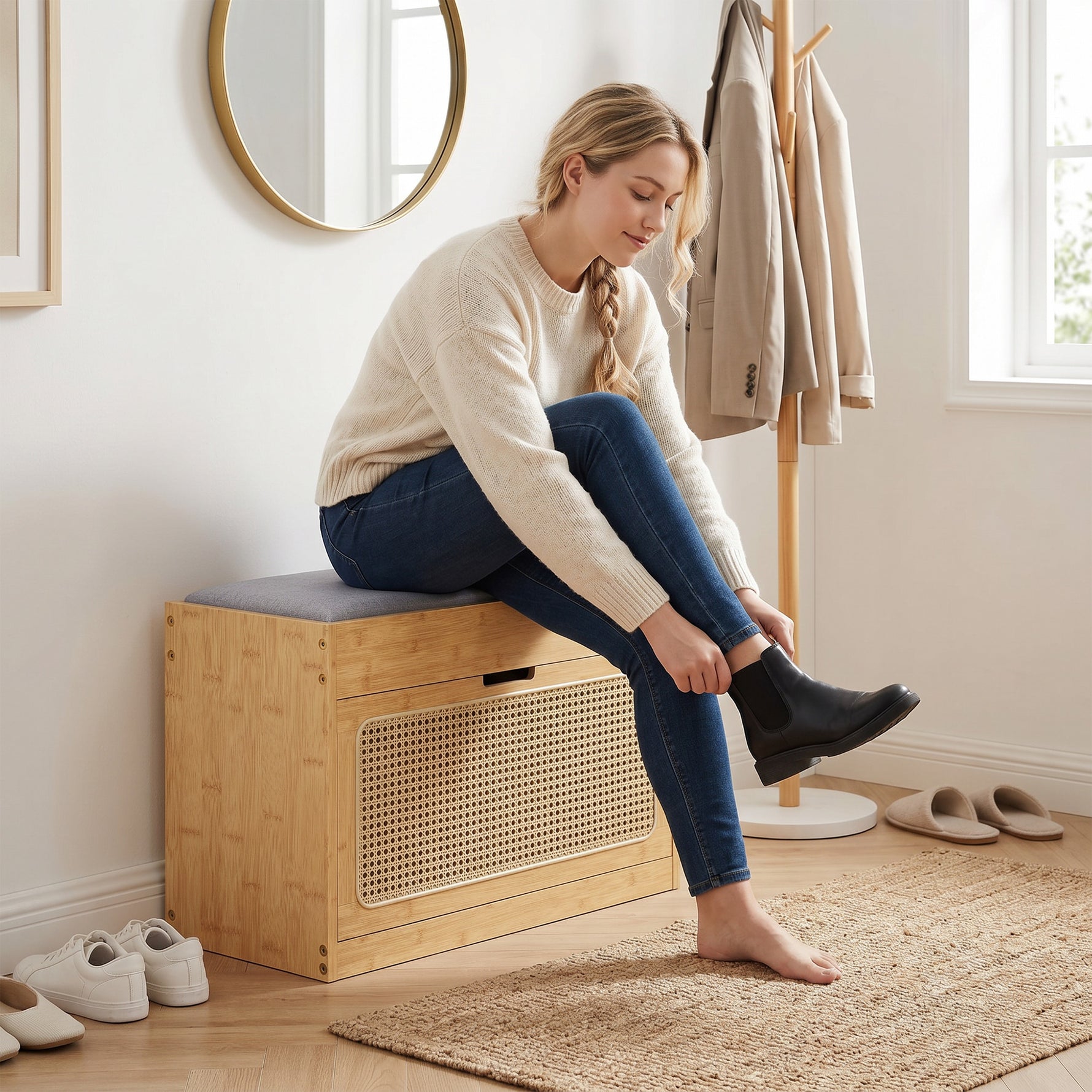 Banc chaussures entrée, banc de rangement en bambou, assise rembourrée, porte en rotin et étagère réglable, bois naturel