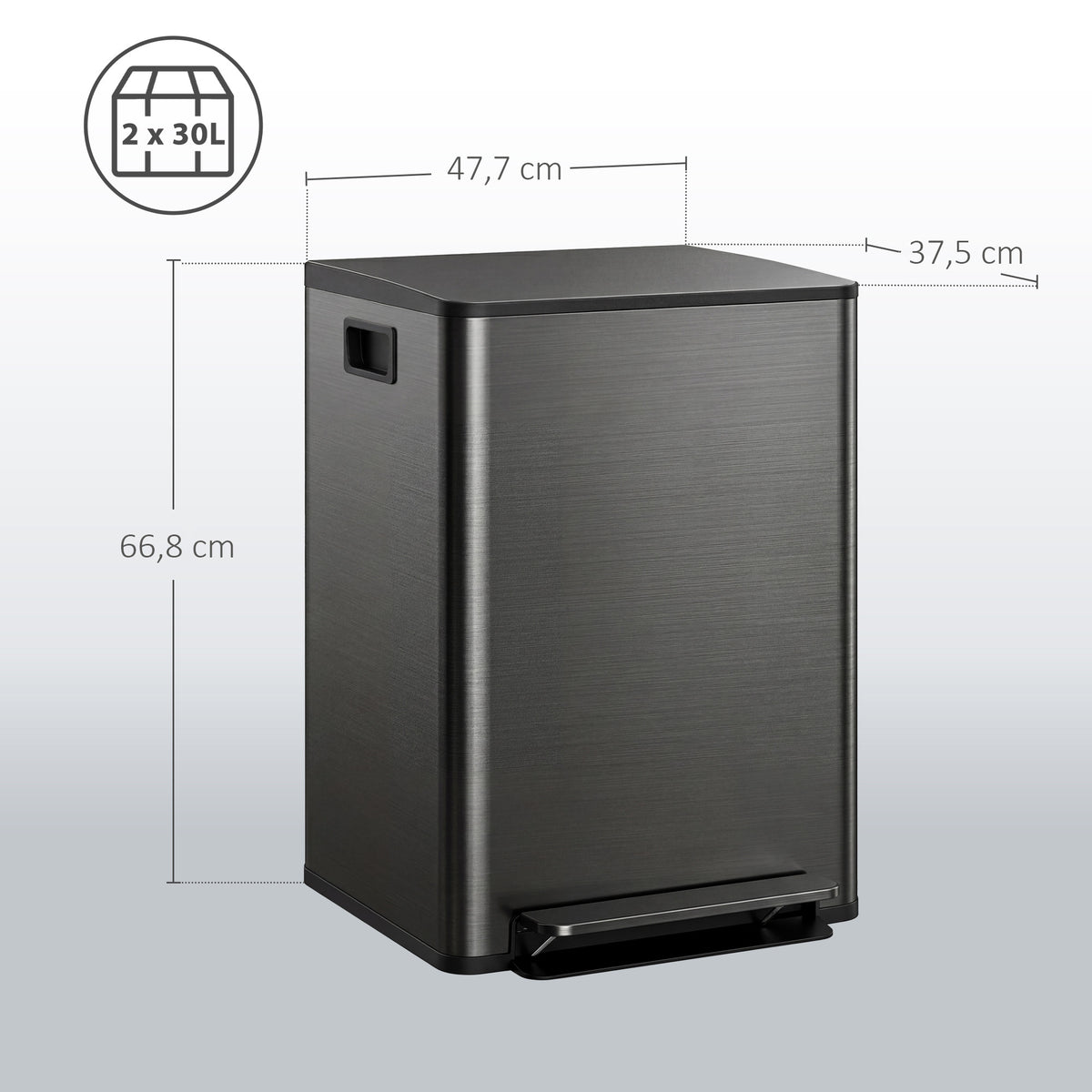 Küchenabfalleimer mit 2 Fächern à 2 x 30L, Edelstahl, Soft-Close-Deckel, 47,7x37,5x66,8cm, schwarz