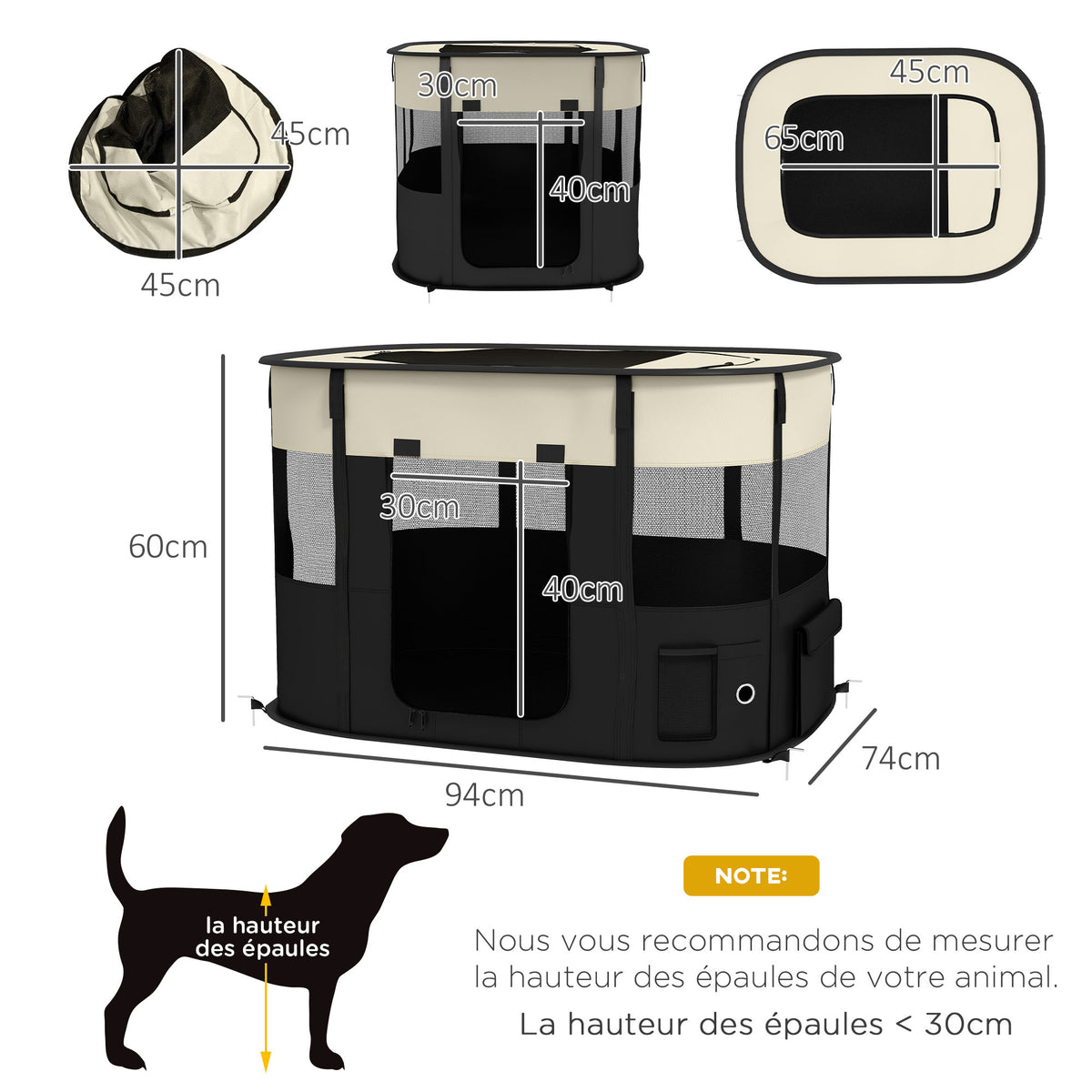 Parc enclos pliable pour chien chat petits animaux en tissu Oxford avec rangement 94 x 74 x 60 cm blanc crème et noir