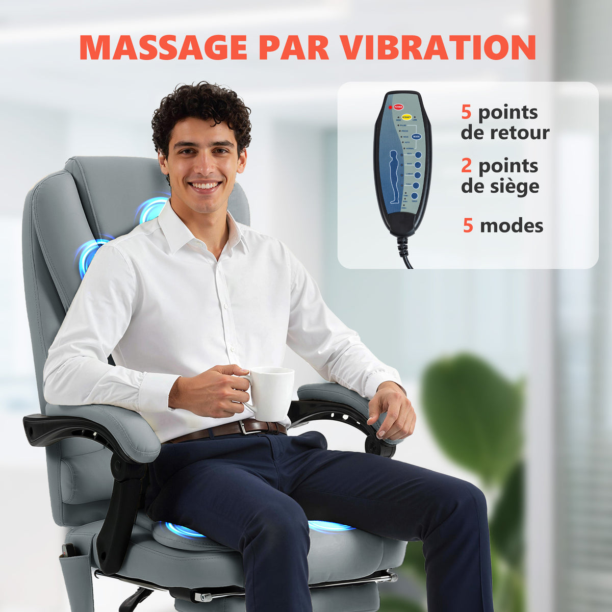 Fauteuil de bureau massant, chaise de bureau avec hauteur réglable, dossier inclinable et télécommande filaire, gris