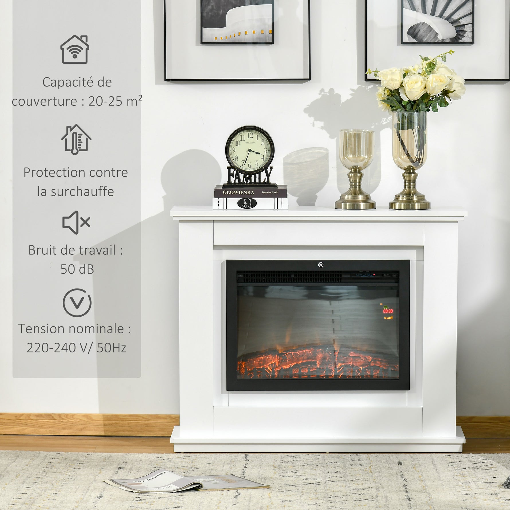 Cheminée électrique Grande Taille 2000 W Effet Flammes LED minuterie température luminosité réglables télécommande fournie Blanc
