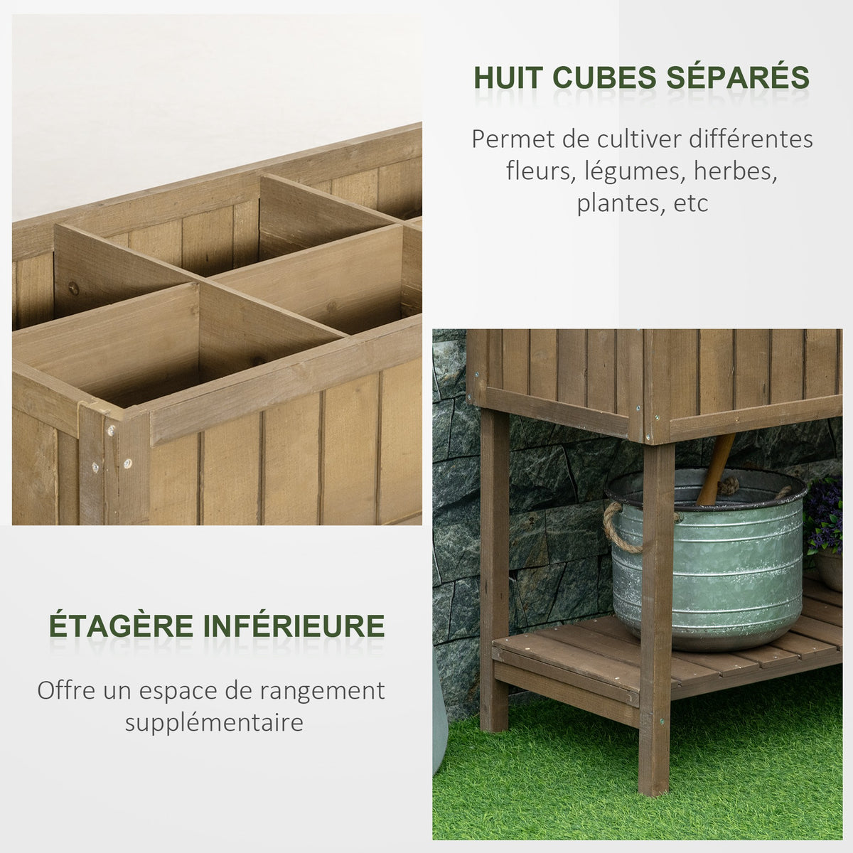 Jardinière sur Pieds carré Potager étagère dim. 110L x 46l x 76H cm 8 Compartiments Inserts d'irrigation Bois de Sapin