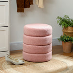Poggiapiedi da salotto, sgabello ottomano rotondo imbottito in tessuto Teddy, per camera da letto, ingresso, Ø 40 x 45 cm, rosa