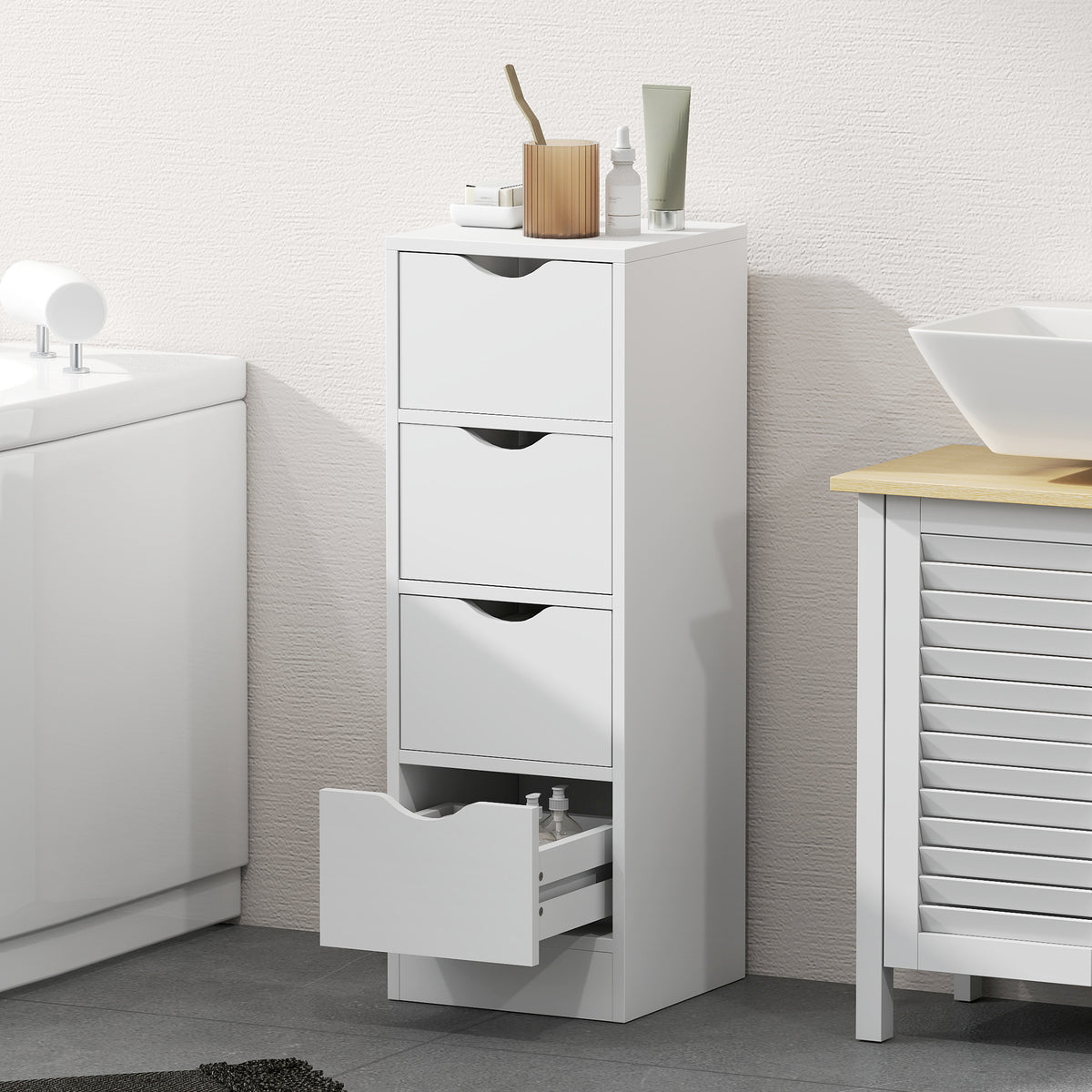 Badezimmerschrank, Aufbewahrungsschrank mit 4 Schubladen und Griffmulden, 29 x 29 x 83 cm, weiß