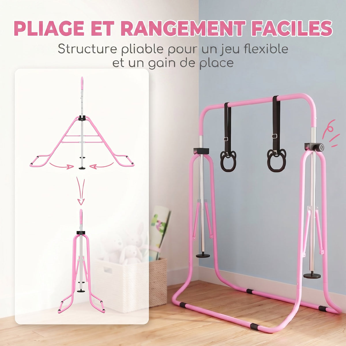Barre de gymnastique pour enfants, barre horizontale pliable à hauteur réglable avec anneaux de gymnastique, rose
