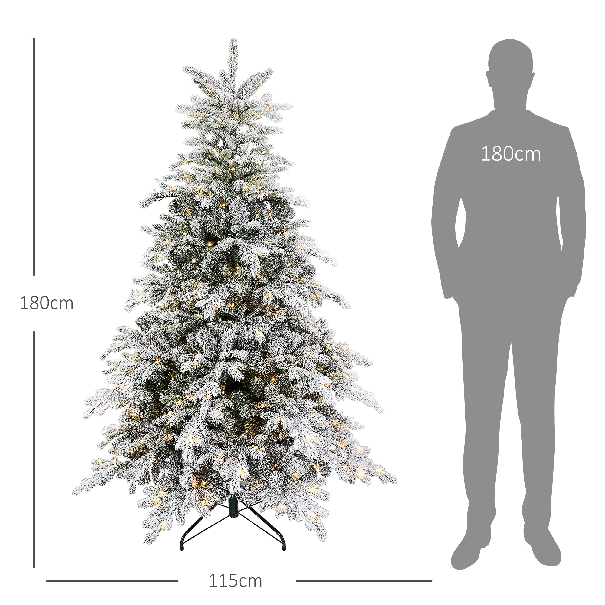 Künstlicher Weihnachtsbaum, 180 cm, beleuchteter, beschneiter Tannenbaum mit warmweißer LED-Beleuchtung und 1321 Zweigen