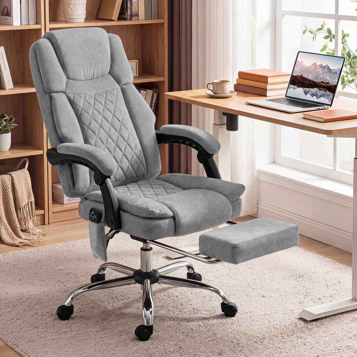 Fauteuil Bureau Massant Vibrant et Chauffant, Chaise Bureau Ergonomique en Velours Imprimé, Dossier Inclinable, Gris