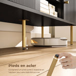 TV-meubel voor tv's tot 65", geribbelde deuren, open vakken, stalen poten, 140 x 38 x 45,9 cm, zwart