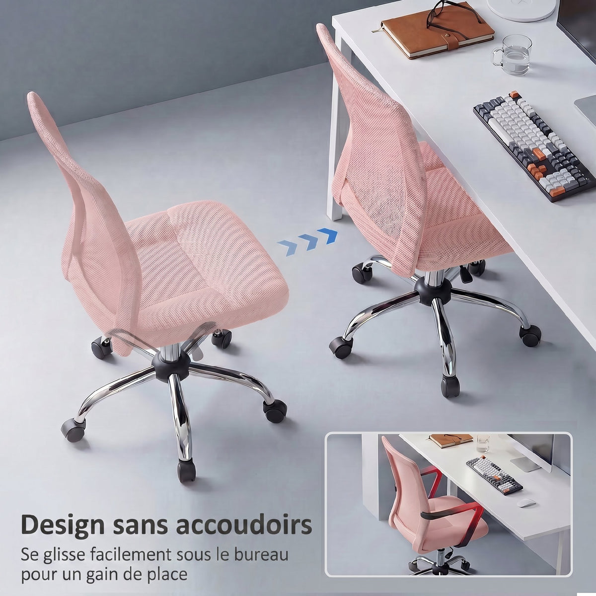 Chaise de bureau ergonomique hauteur réglable piètement chromé pivotant 360° revêtement maille rose