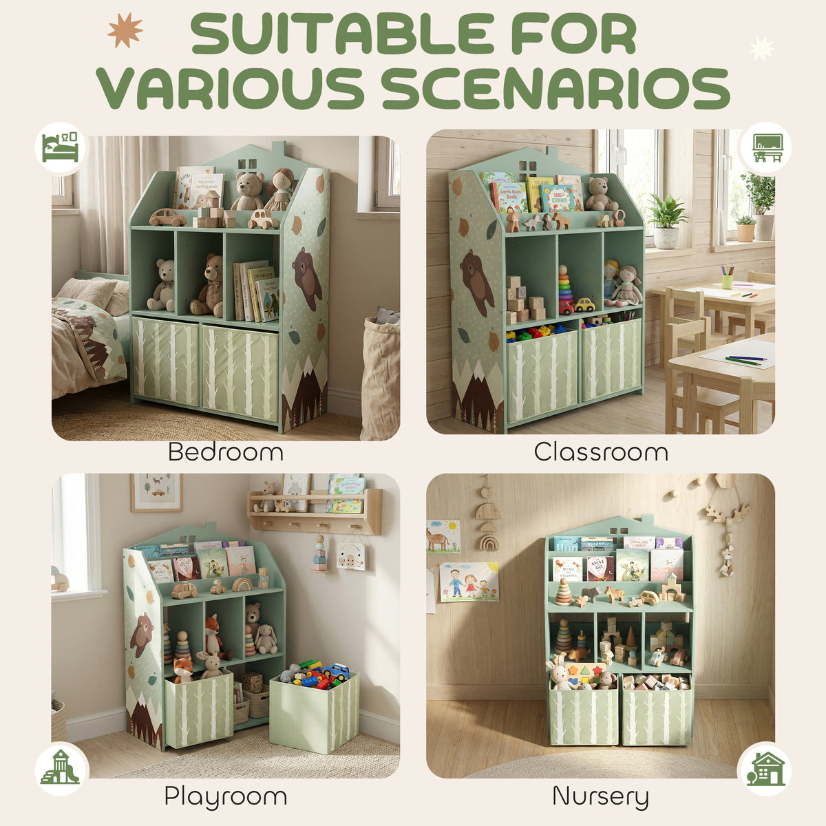 Meuble rangement enfant, bibliothèque enfants avec étagères ouvertes et 2 tiroirs en tissu, MDF, vert