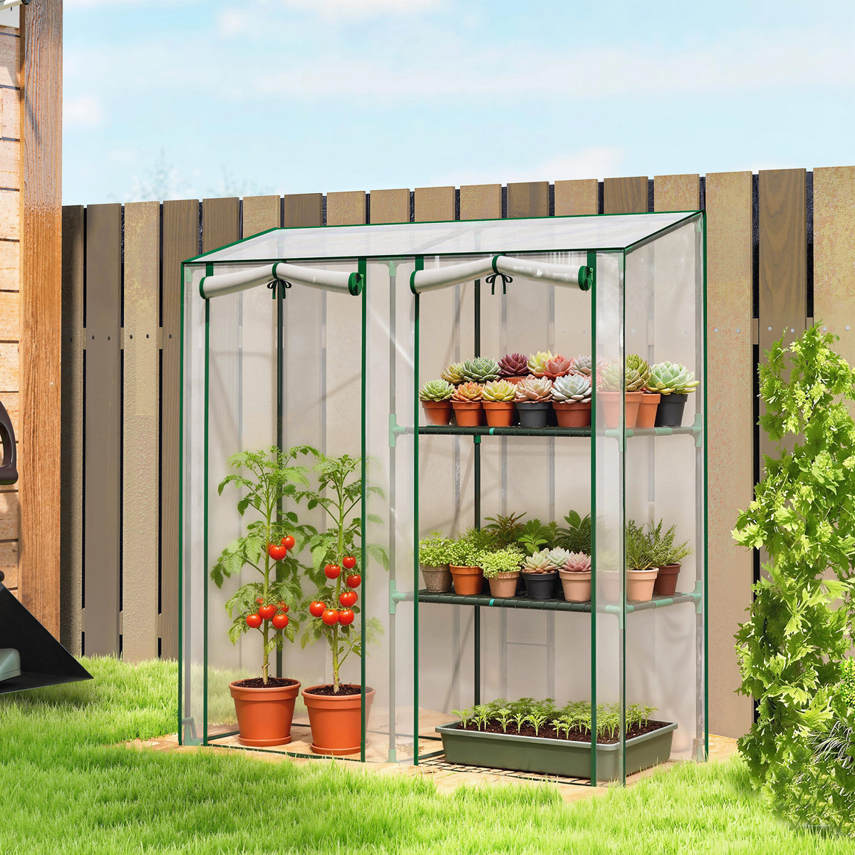 Serra da giardino con 3 ripiani, piccola serra con copertura in PVC e telaio in acciaio, 2 porte avvolgibili, trasparente