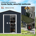 Abri de jardin 5,4 m² 2,77 x 1,95 x 1,92 m kit de fondation incluse porte coulissante ventilations tôle acier gris foncé