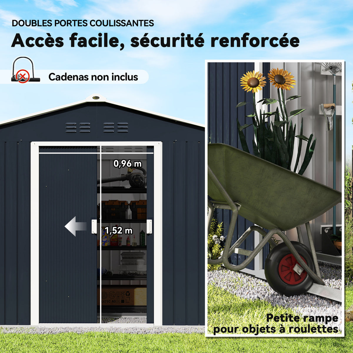 Abri de jardin 5,4 m² 2,77 x 1,95 x 1,92 m kit de fondation incluse porte coulissante ventilations tôle acier gris foncé
