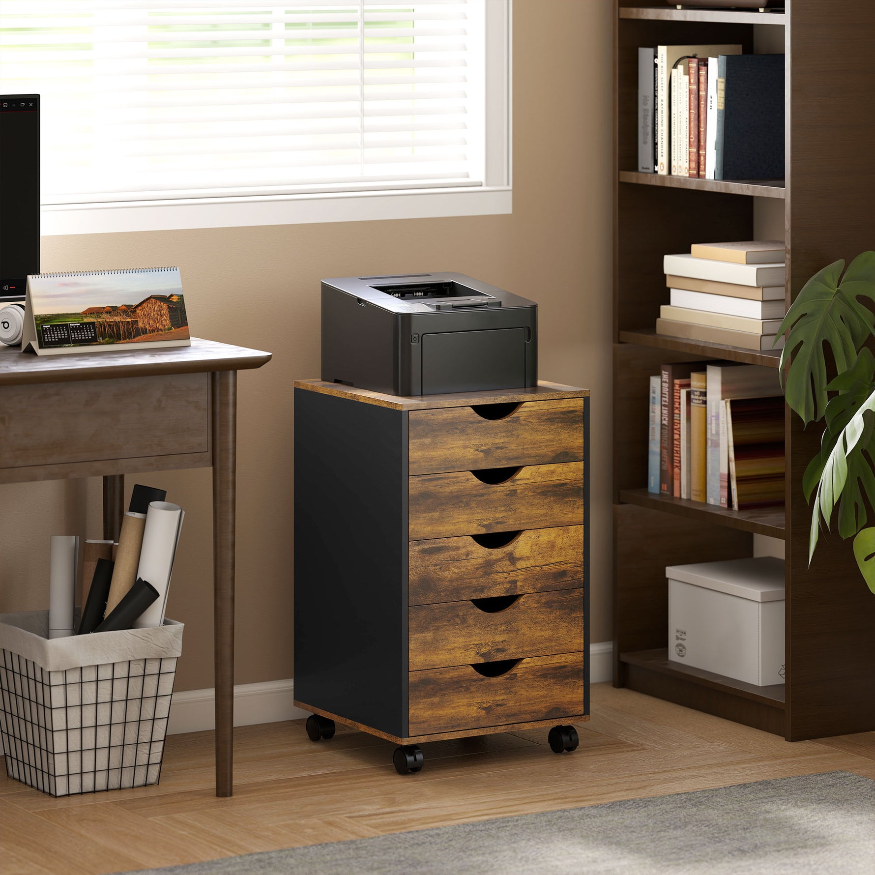Caisson bureau mobile, meuble rangement sur roulettes avec 5 tiroirs, bois, 40 x 40 x 67 cm, marron