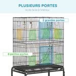 Cage à oiseaux sur pieds roulettes avec 4 mangeoires et 3 perchoirs 79 x 49 x 133 cm noir