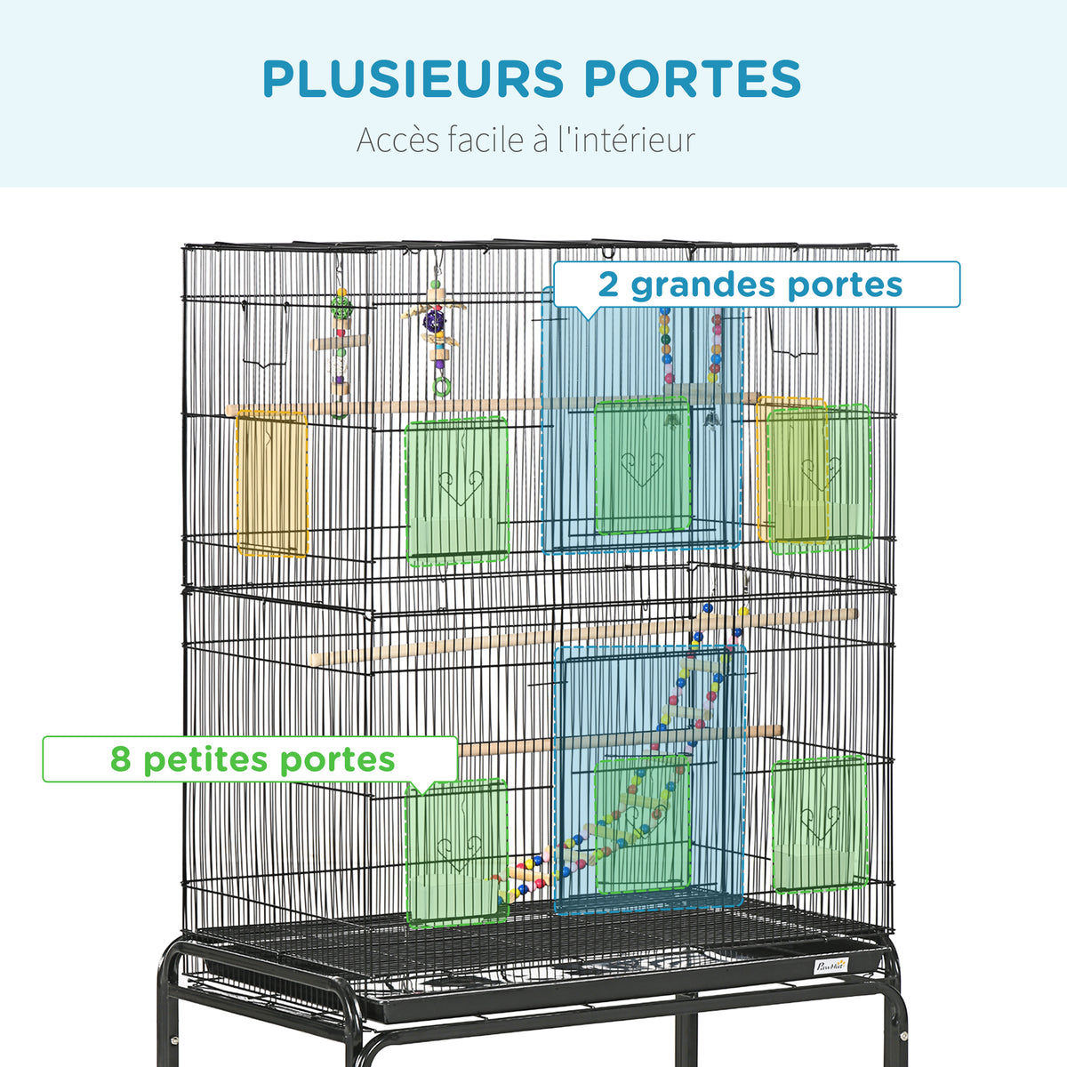 Cage à oiseaux sur pieds roulettes avec 4 mangeoires et 3 perchoirs 79 x 49 x 133 cm noir