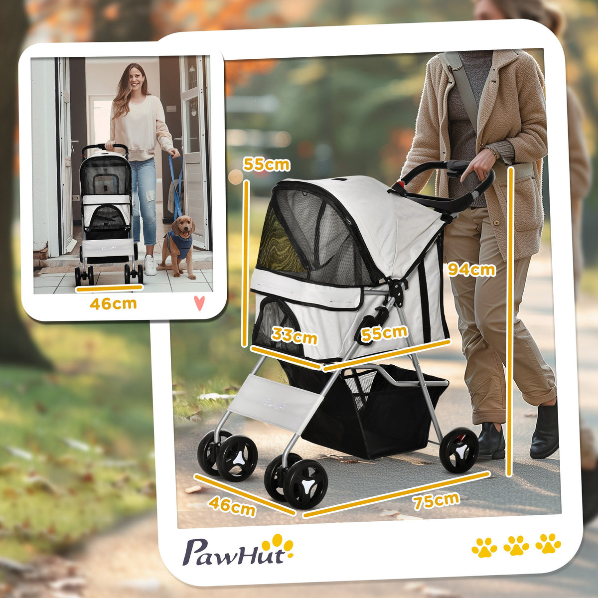 Poussette buggy pour chiens 77L x 45l x 99,5H cm pliable imperméable tissu 600D Oxford 4 roues gris