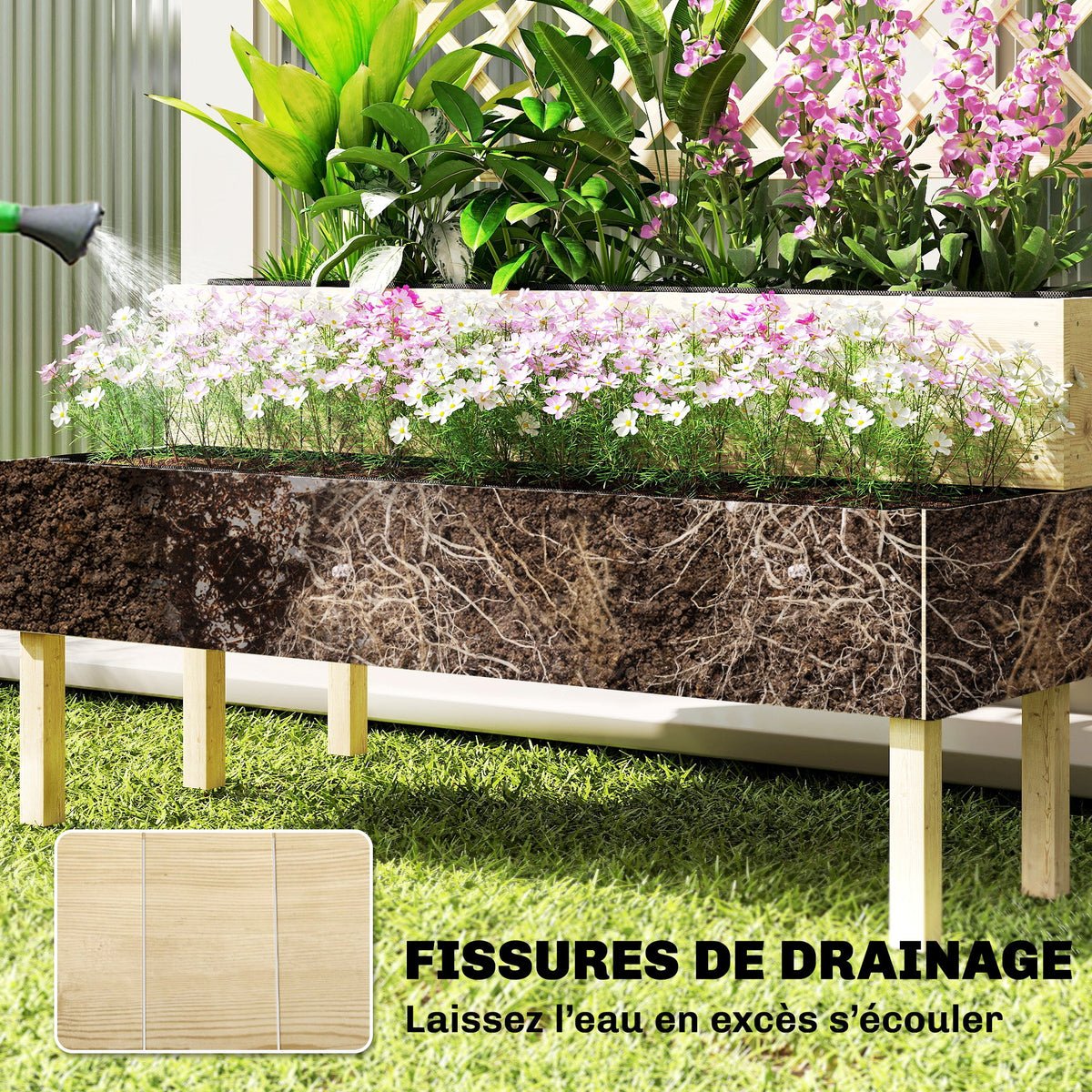 Jardinière à 2 Niveaux avec Treillis, bac à fleurs, avec tissu non tissé, 108 x 62 x 120 cm, effet bois naturelle-5