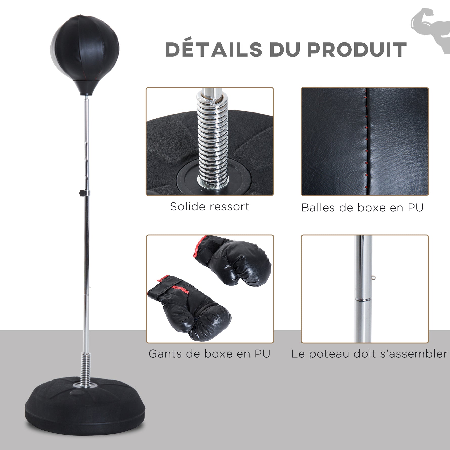 Sac de Frappe sur Pied Punching ball sur pied réglable en hauteur 126-144 cm avec gants, pompe et base de lestage pour adolescents et débutants noir