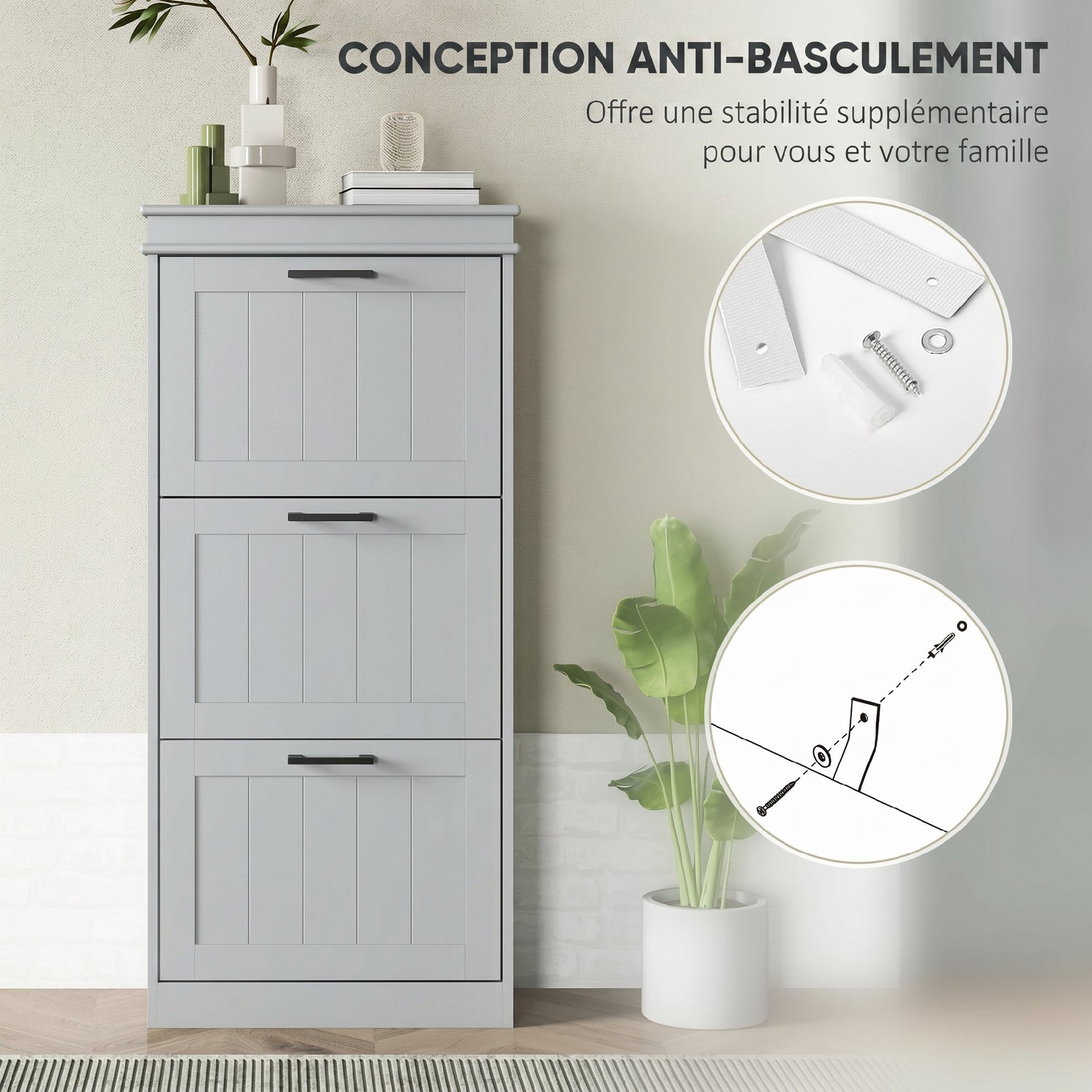 Meuble à chaussures, armoire à chaussures 3 portes abattants 15 paires, étagères réglables, 54 x 24 x 117,5 cm, gris