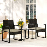 Salon de jardin extérieur en résine tressée 2 personnes, table de jardin avec 2 chaises, plateau en verre trempé, marron