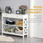 Table de console table d'entrée style table de drapier néo-rétro 2 tiroirs 2 étagères dim. 100L x 30,5l x 80H cm en bois blanc
