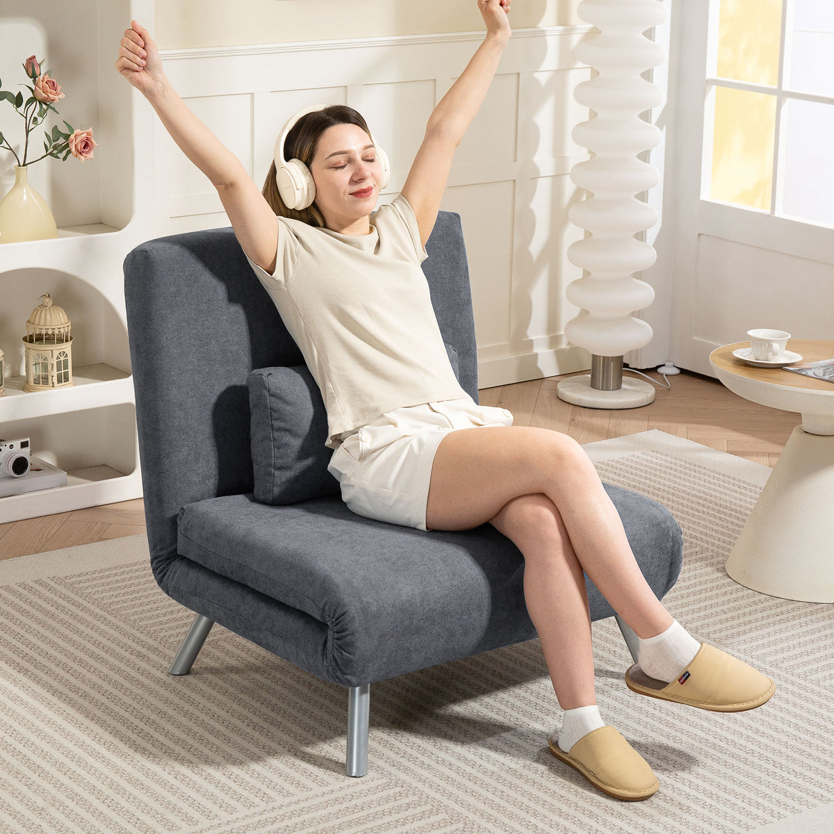 Poltrona letto singola, poltrona convertibile 3 in 1 con schienale regolabile, cuscino, seduta ampia, grigio scuro