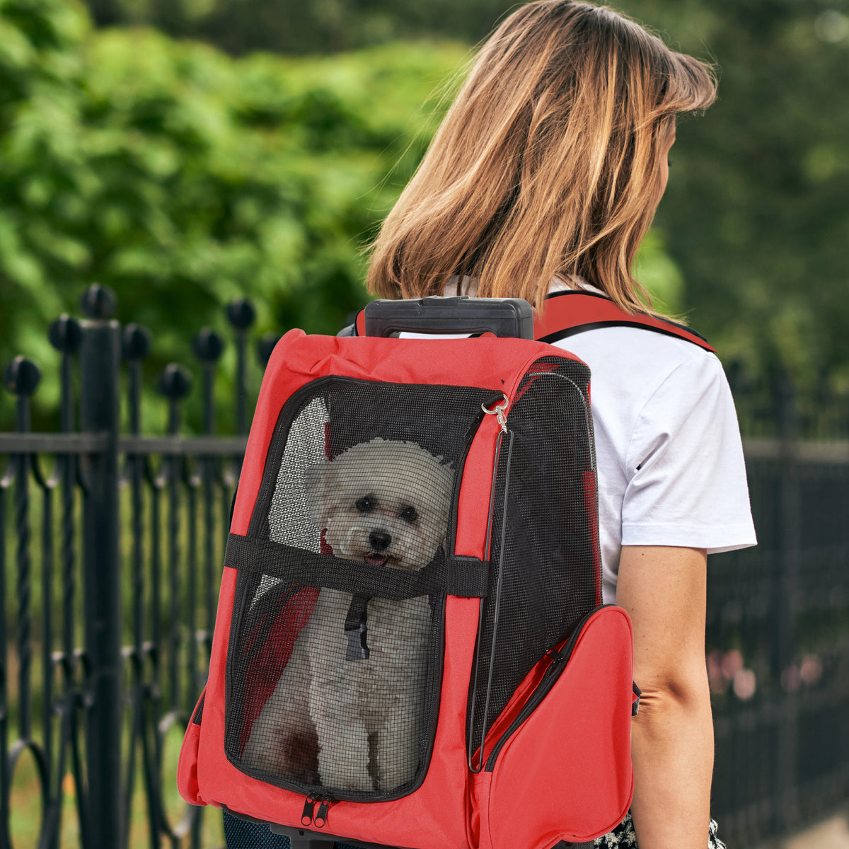 Sac de transport à roulettes pour chien 2 en 1 trolley chariot sac à dos pour chien chat avec poignée téléscopique, sacs de rangement, aérations, attache de sécurité, 42 x 25 x 55 cm, rouge