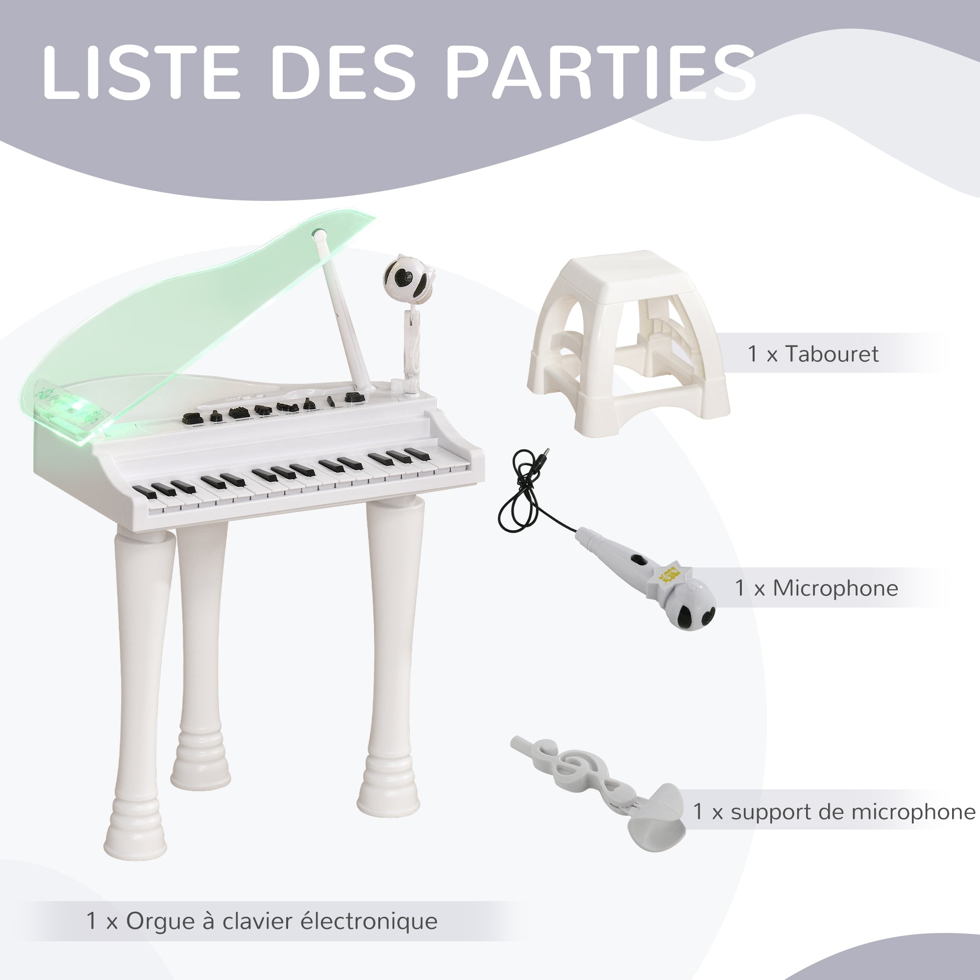 Elektronisches 32-Tasten-Kinderklavier, multifunktional, mit Mikrofon, Lautsprecher, Hocker und beleuchtetem LED-Deckel, weiß