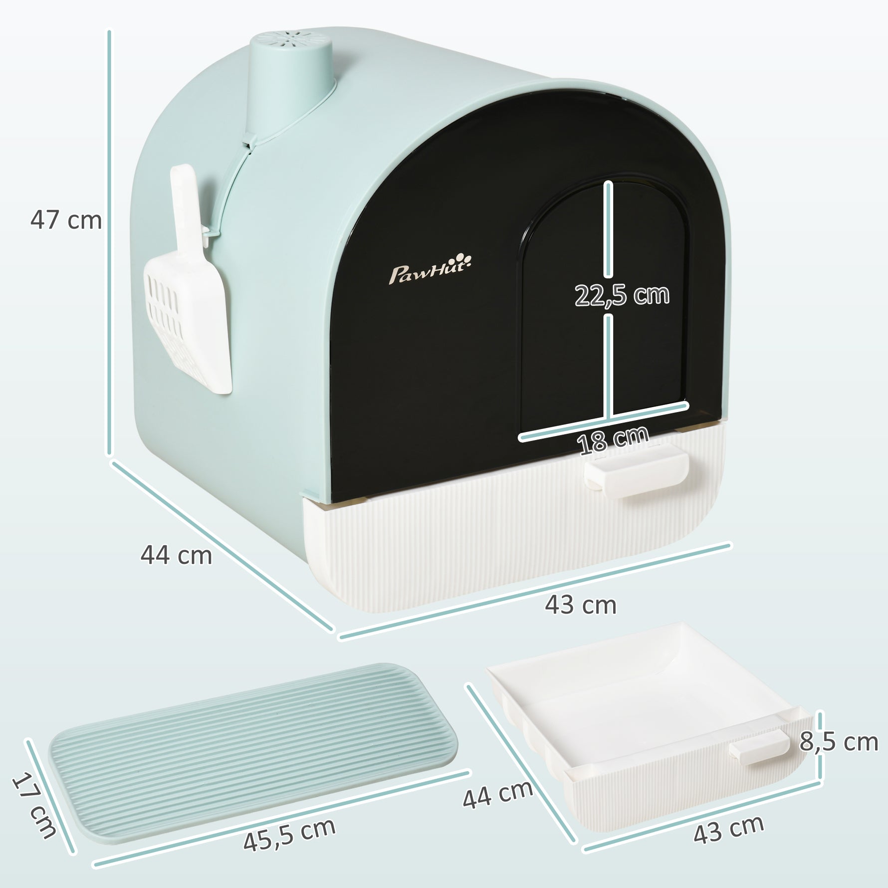 Maison de toilette pour chat avec tiroir amovible, bac à litière fermé avec tapis anti-trace, pelle, filtre anti-odeur et porte battante, nettoyage facile, 43 x 44 x 47 cm, vert