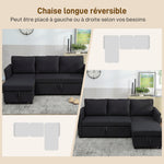 Canapé d'Angle Convertible, Canapé-Lit 3 Places 192 cm avec Méridienne Réversible, Rangement Caché, Gris Anthracite