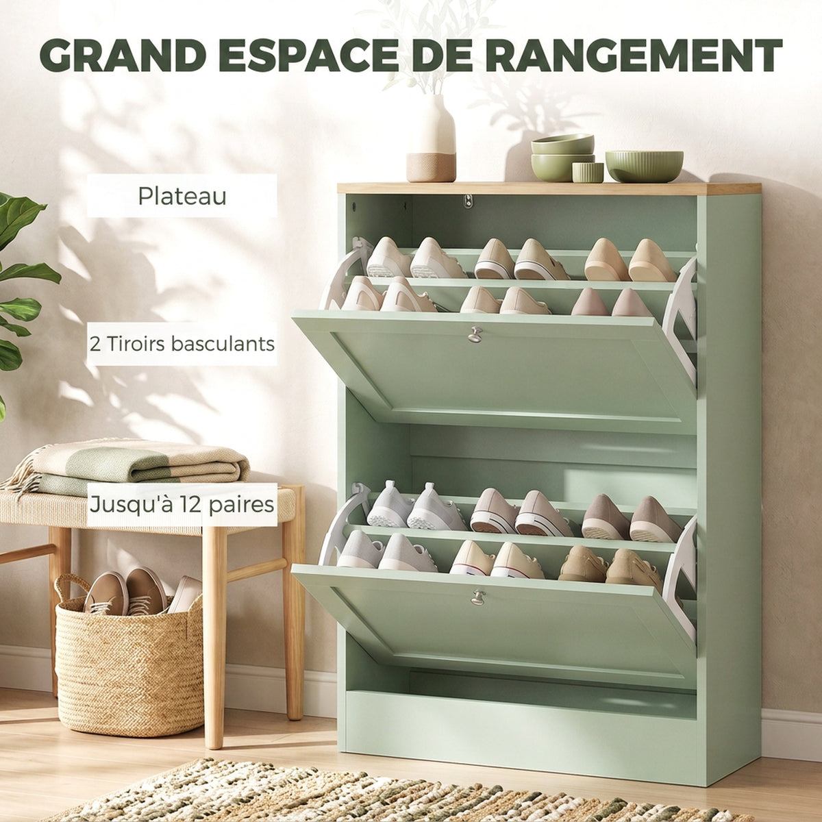 Meuble à Chaussures 12 Paires, Armoire à Chaussures Étroite avec 2 Tiroirs, Étagères Réglables, 60 x 23,5 x 80 cm, Vert
