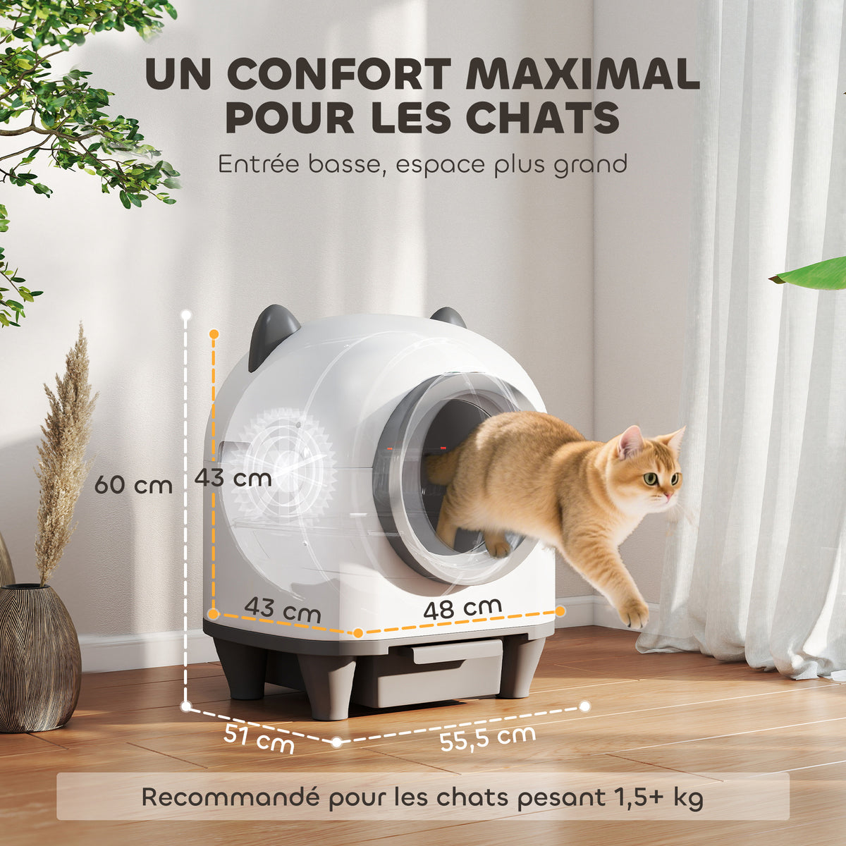 Bac à litière pour chat autonettoyant 80L, bac à litière automatique contrôle app, anti-pinch, 55,5 x 51 x 60 cm, blanc