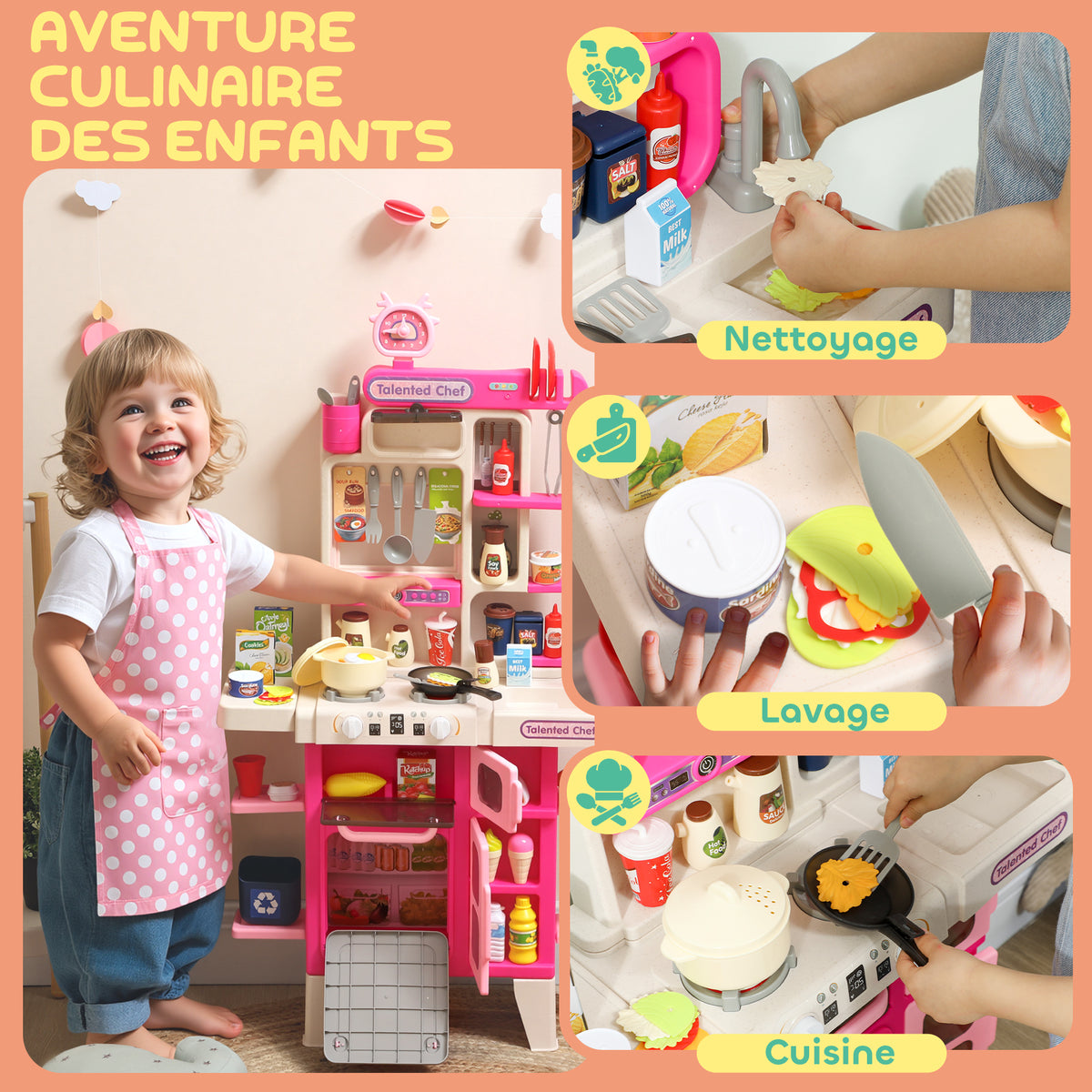 Cuisine enfant jouet d'imitation, dinette pour enfant avec lumières et sons réalistes, 52,5 x 22 x 100 cm, rose