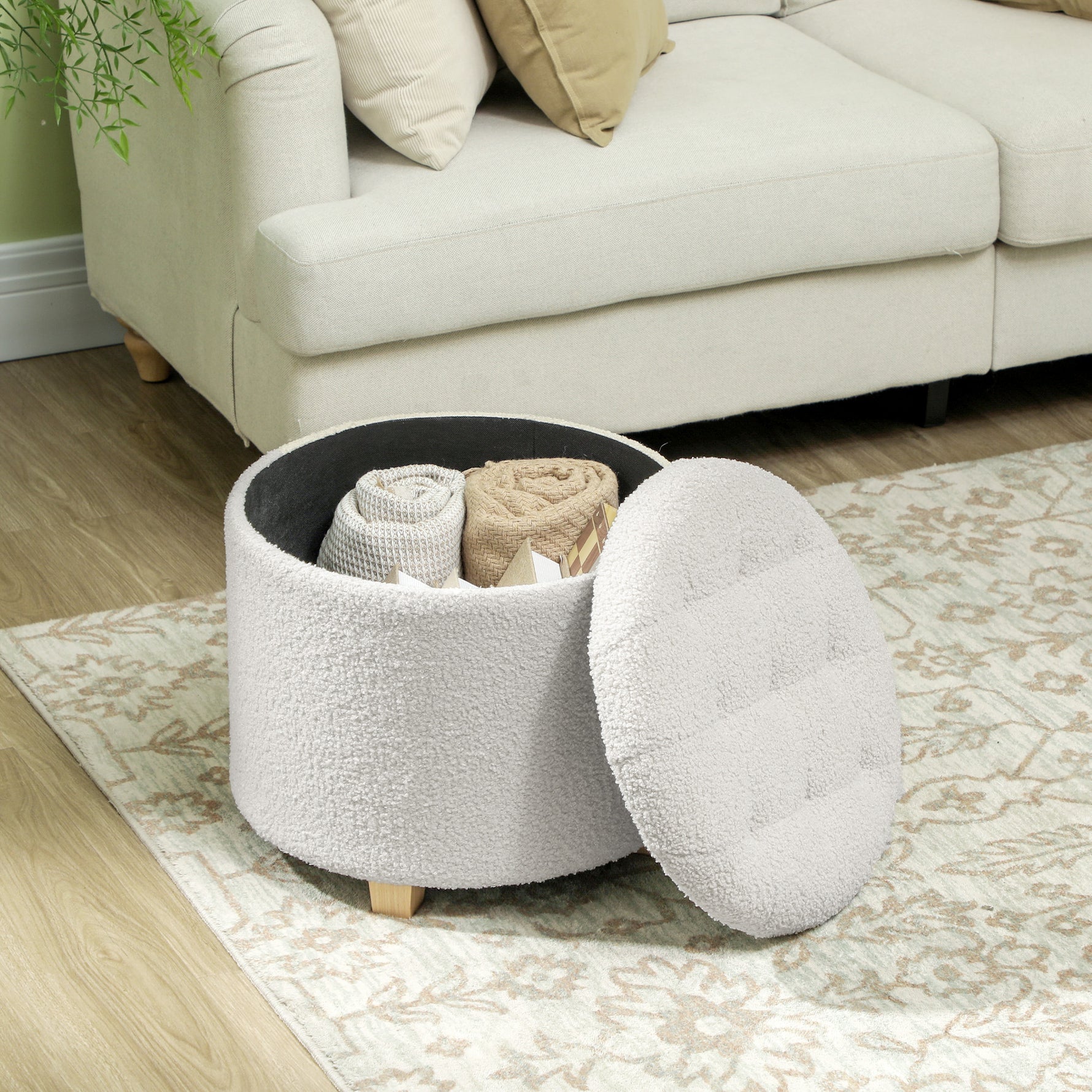 Pouf coffre rangement, tabouret rond, pouf repose-pieds en tissu bouclette, charge 120 Kg, Ø 45 x 41 cm, blanc