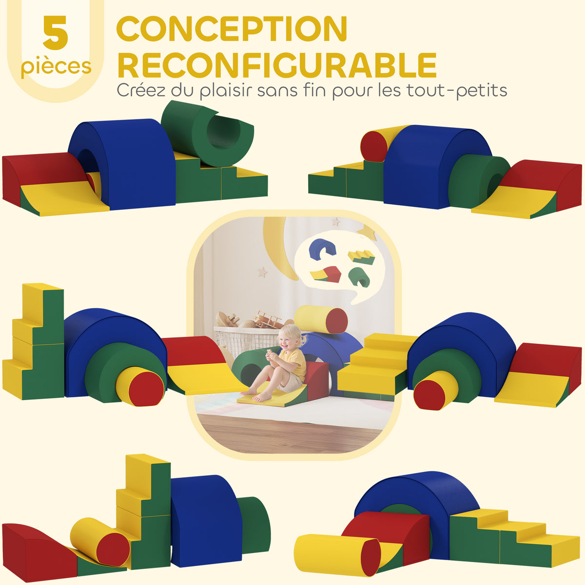 Motoriekparcours voor kinderen modulaire klimspeelset 5 gigantische schuimrubberen blokken 181 x 39 x 44 cm meerkleurig