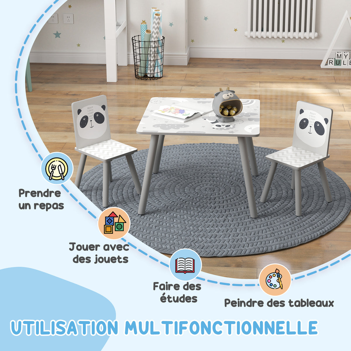 Kindertisch- und Stuhlset, Kindertisch mit 2 Stühlen, Tiermotiv für das Kinderzimmer grau