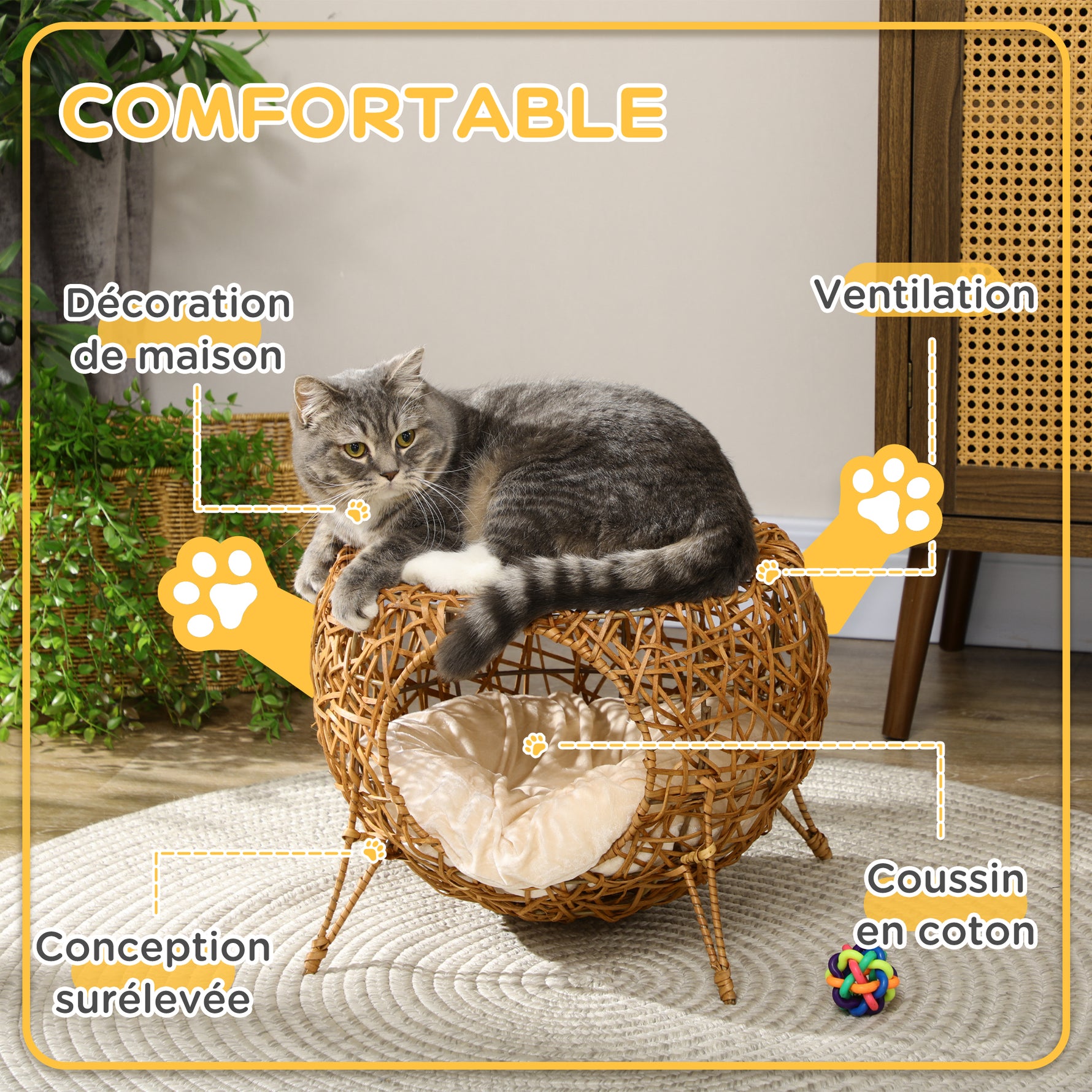 Niche pour chat lit pour chat panier chat maison de chat en rotin coussin épais Ø 40 x 32 cm marron clair