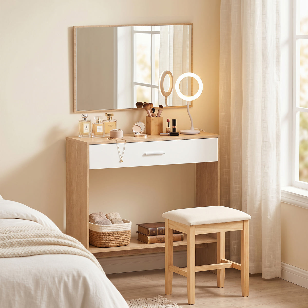 Console meuble + miroir, table console étroite avec tiroir et étagère, style moderne, 91,5 x 27,9 x 85,5 cm, chêne