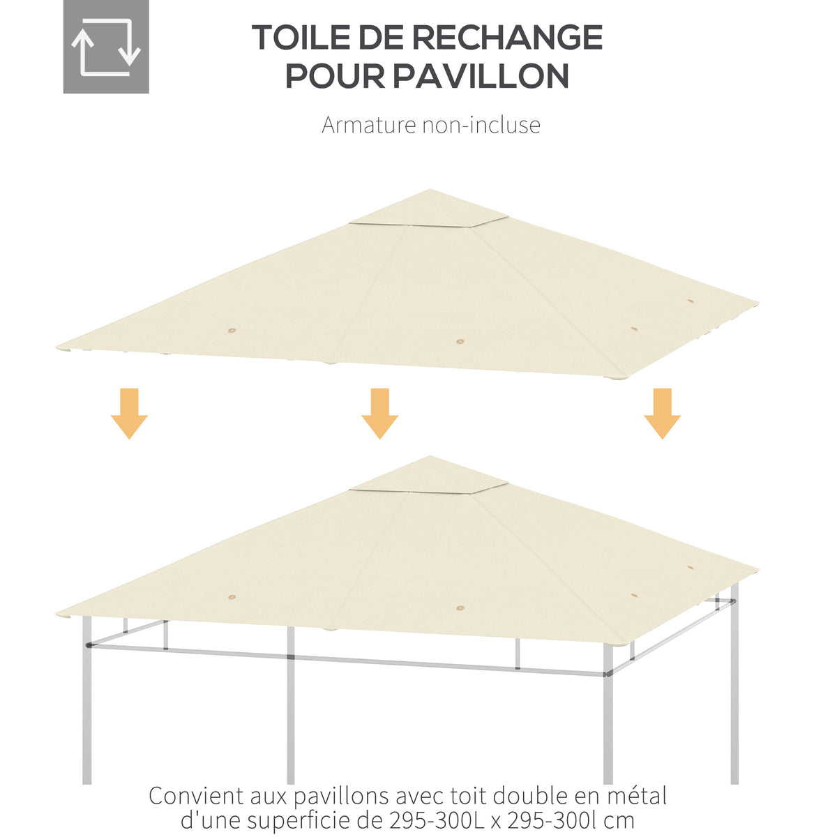 Toile de rechange pour pavillon tonnelle tente toit de remplacement gazebo de jardin polyester 180 g/m² 3 x 3 m crème