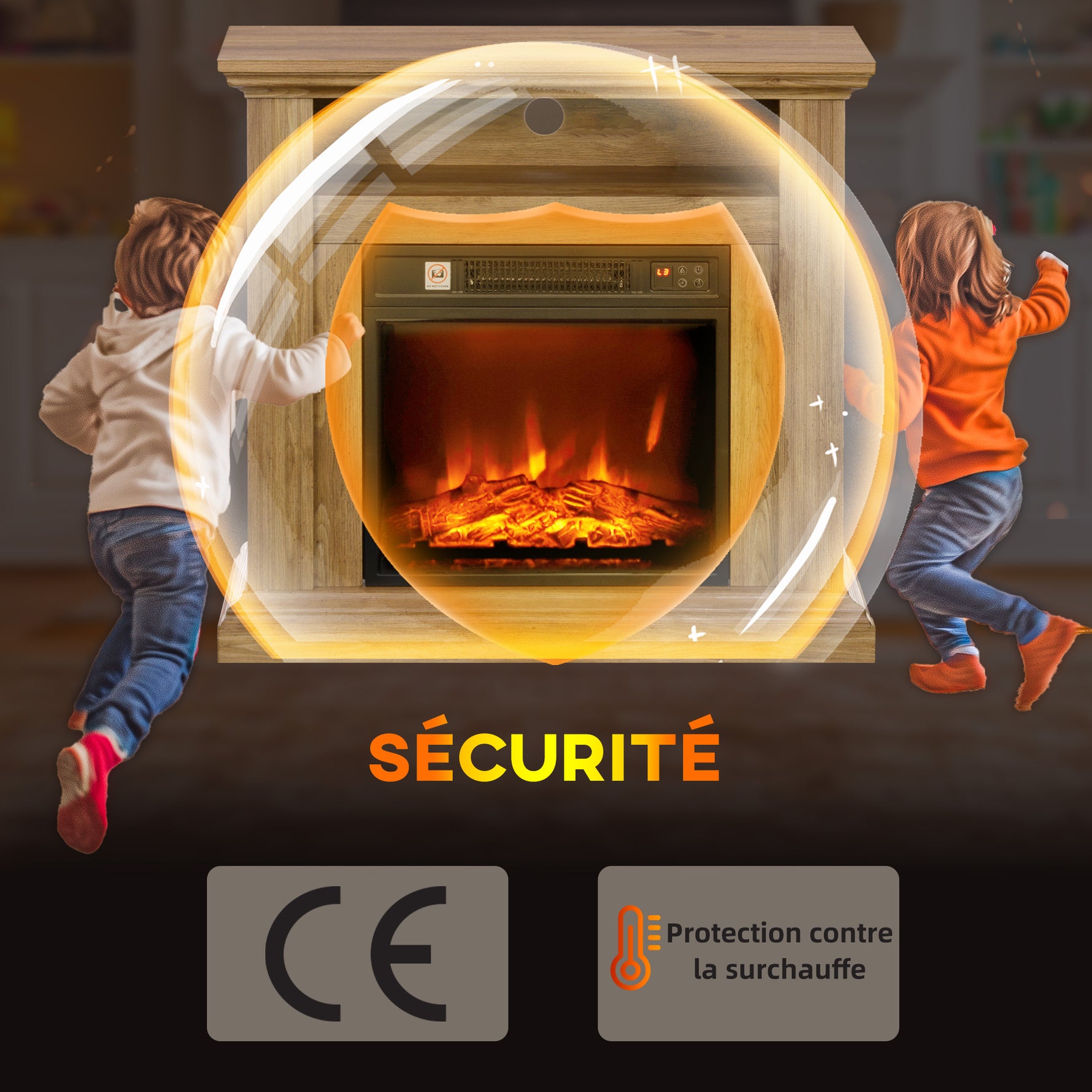 Cheminée électrique effet flammes 3D luminosité réglable 1800 W avec télécommande 81,5 x 30 x 76,2 cm brun effet bois