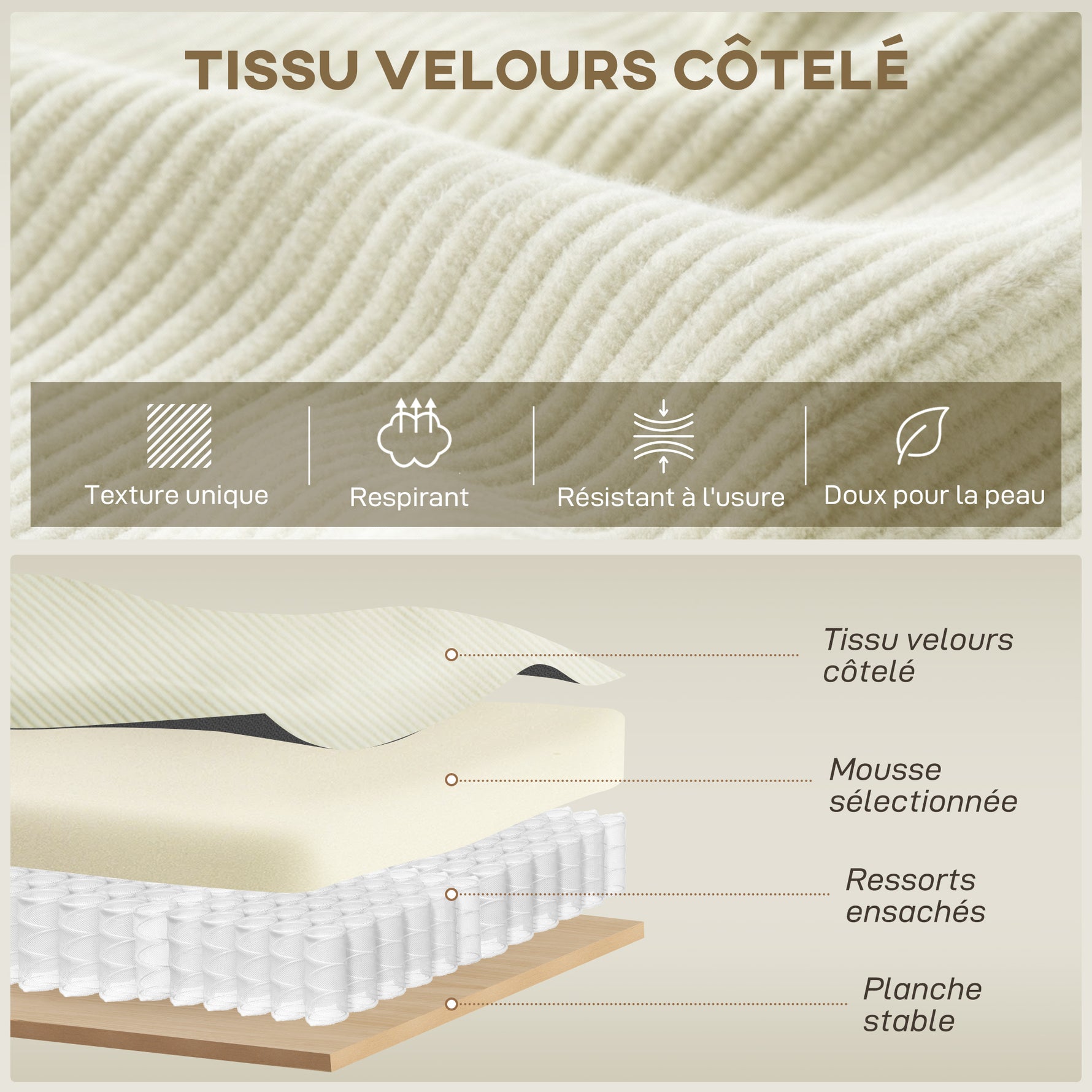 Canapé d'angle réversible 3 places moderne avec coussins inclus, tissu velours côtelé, crème