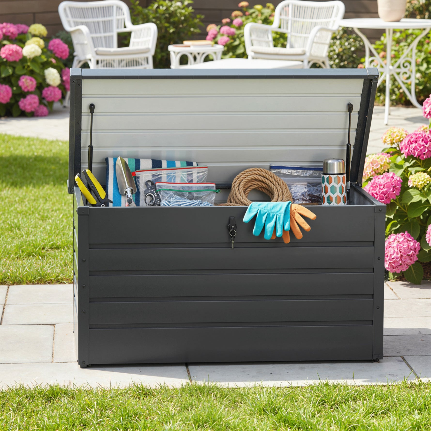 Coffre de rangement exterieur XXL 311L coffre de jardin acier galvanisé verrouillable vérin à gaz 120x62x62cm gris foncé