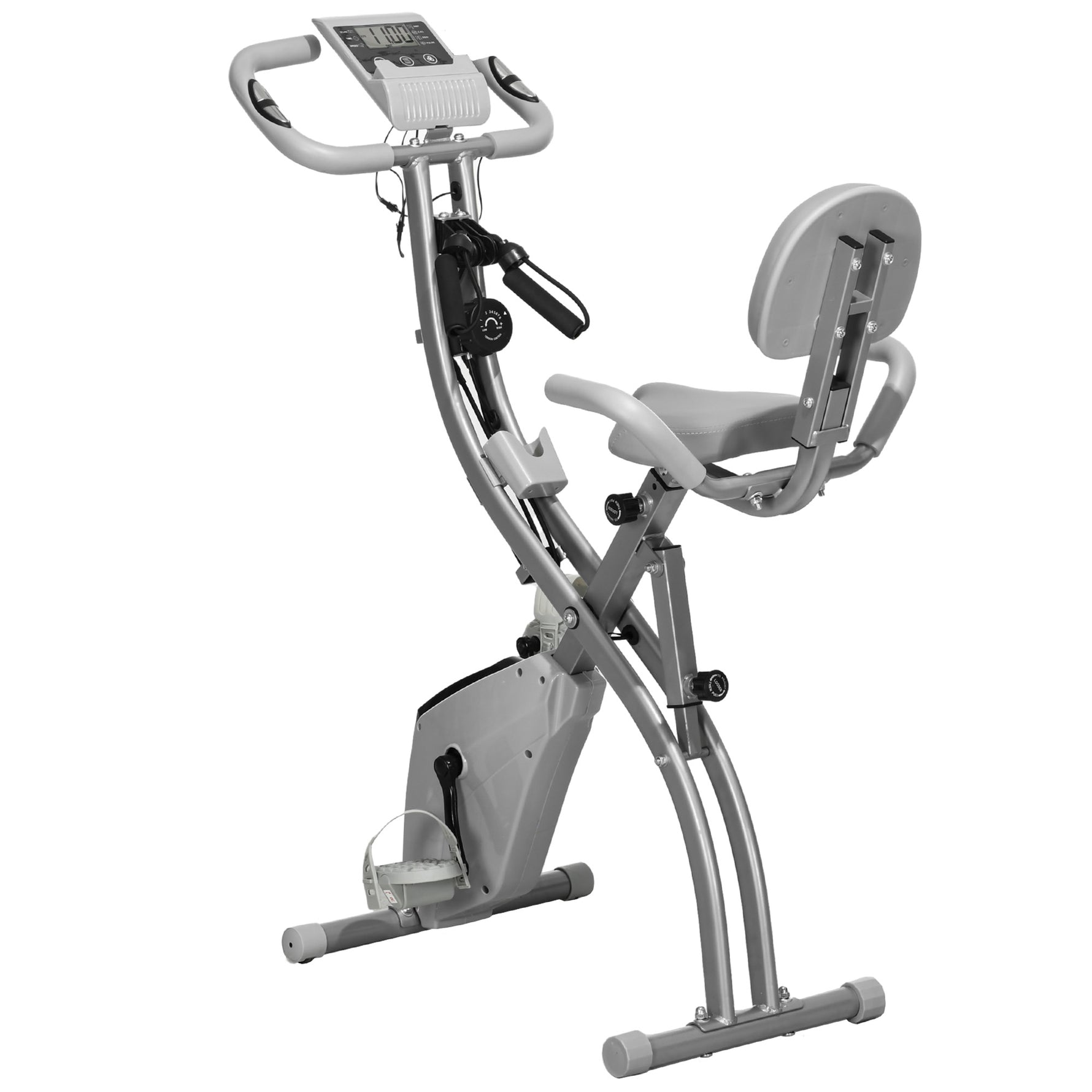 Vélo d'Appartement Pliable 4-en-1 - Ergomètre Magnétique Silencieux pour Maison avec Cordes de Résistance - Sport Maison et Cardio-training avec Roulettes, Selle Confort et LCD, Max 120kg, Gris