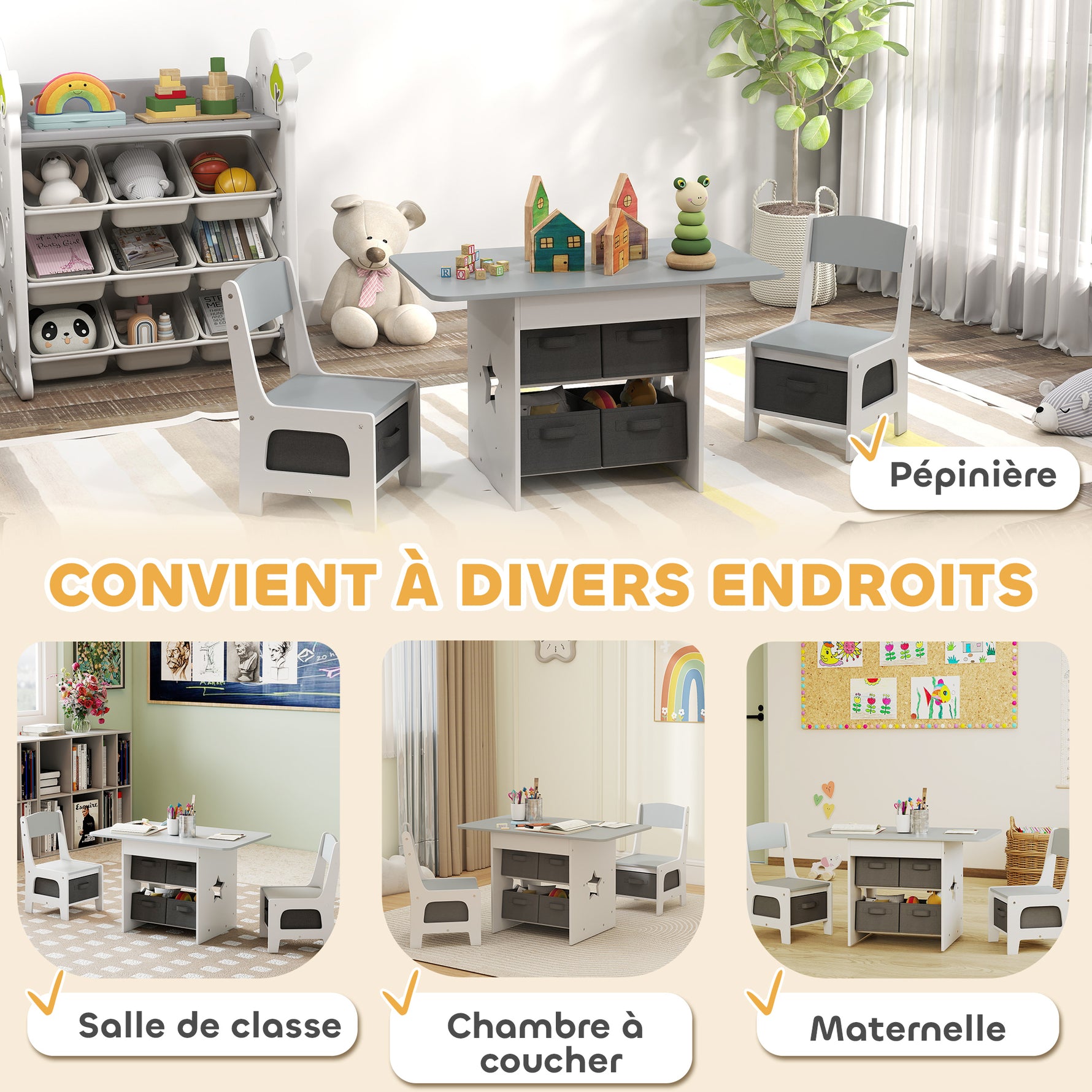 Ensemble table et 2 chaises enfant avec 6 tiroirs amovibles, pour fille garçon 3-8 ans, gris
